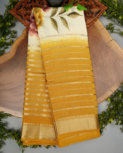 Munga Silk Saree with Centre Point Horizontal Zari Lines- Yellow