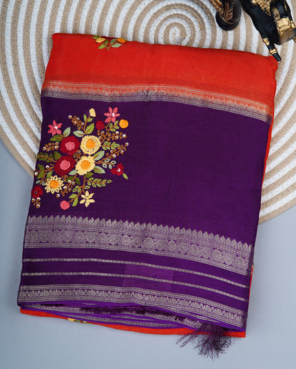 Chinnon Crape Saree French Knot Work Design and Golden Zari Gap Border Border - Orange
