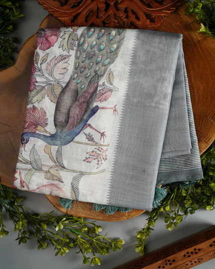 Linen Silk Saree with Floral Print and Contrast Border -Off White