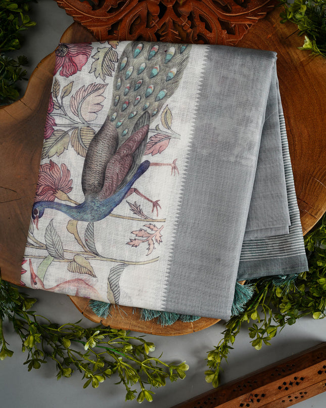 Linen Silk Saree with Floral Print and Contrast Border -Off White