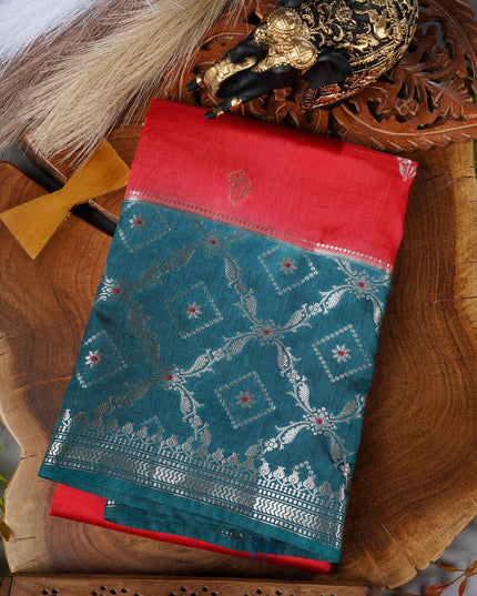 Chanderi Silk Saree With Golden Butties Contrast Border - Red