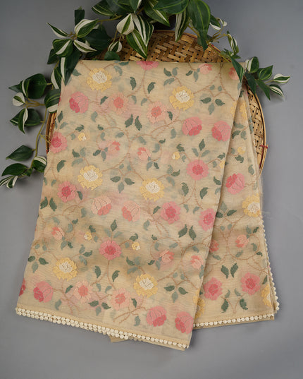 Tissue Linen Saree wWith Thread Embroidery with Lace Border - Cream