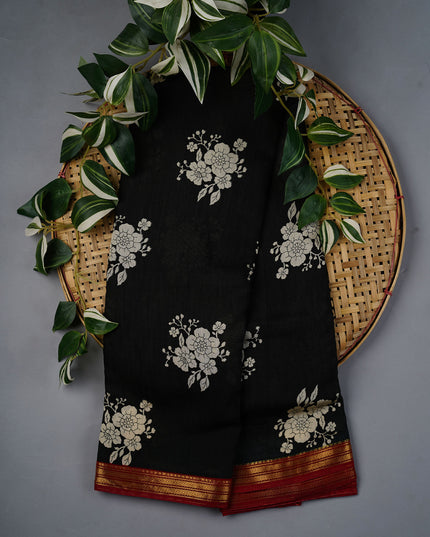Muslin Silk Saree With Floral Butties And Contrast Border - Black