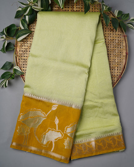Chanderi Silk Saree With Gold & Silver Contrast Gap Border - Green
