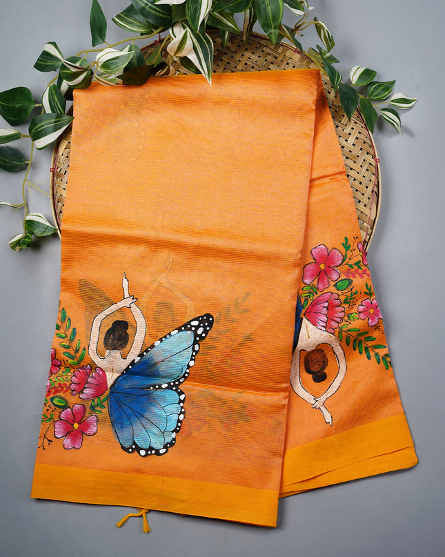 Mangalagiri Silk Saree With Hand Painting - Orange