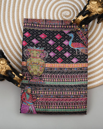 Korean Tussar Pashmina Kari Shal Featuring Intricate Mughal Style Pictorial Designs - Black