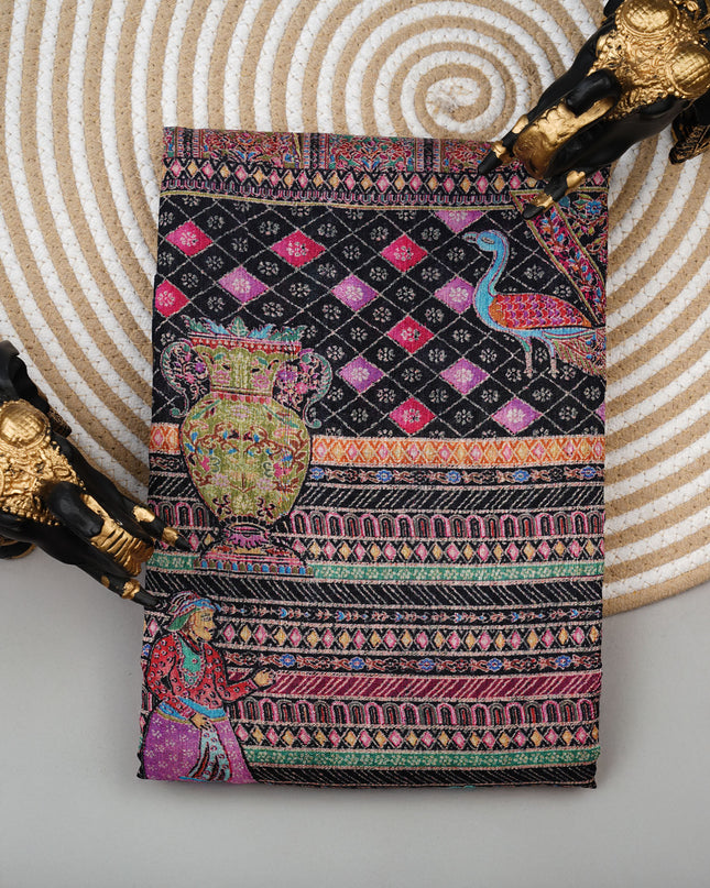 Korean Tussar Pashmina Kari Shal Featuring Intricate Mughal Style Pictorial Designs - Black