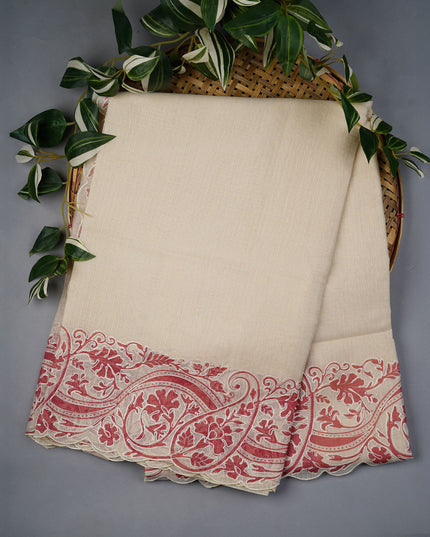 Kota Silk Saree Floral Print With Scallop Border - Cream Peach