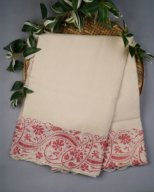 Kota Silk Saree Floral Print With Scallop Border - Cream Peach