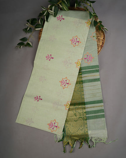 Handloom Cotton thread Embroidery Buttis Gold Border - Light Green