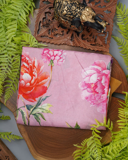 Binny Crepe Saree Floral Print With contrast Border - Baby Pink