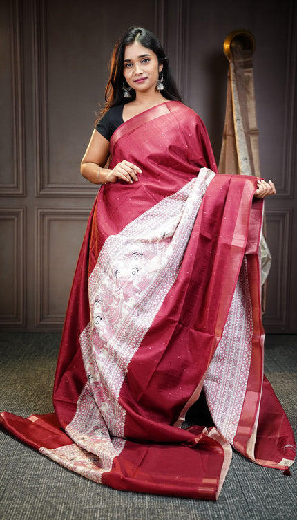 Tussar silk saree with madhubani print zari border - Maroon