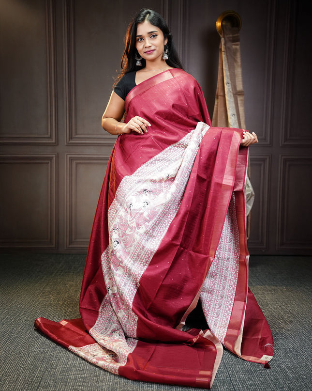 Tussar silk saree with madhubani print zari border - Maroon