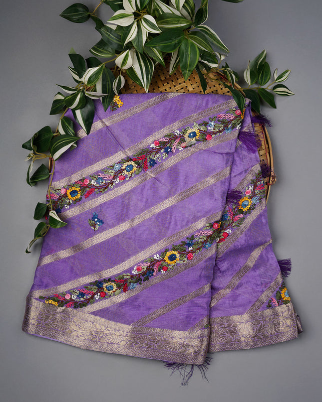 Crepe Saree with Thread Embroidery Work and Banaras Border- Lavender