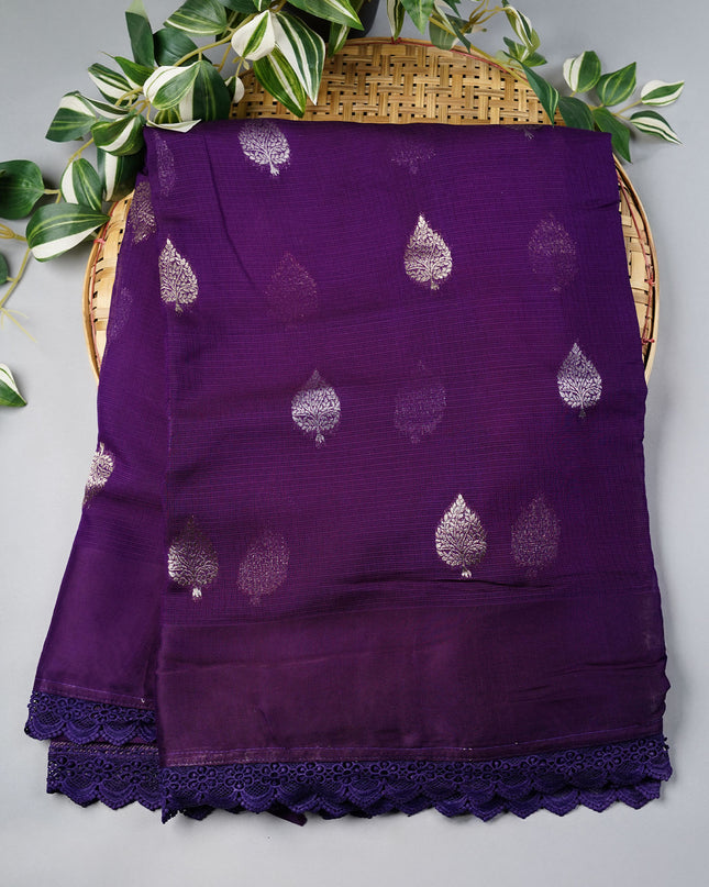 Kota Silk Saree With Golden Butties & Lace Border - Purple