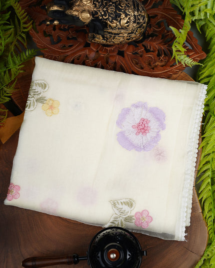 Soft Tissue Organza Silk With Thread Embroidery Work And Lace Border- Half White