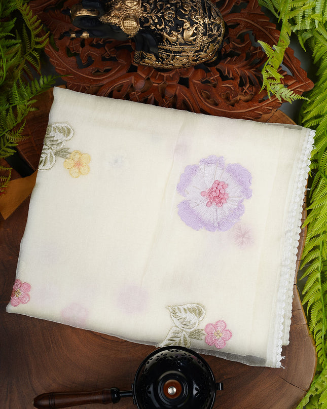 Soft Tissue Organza Silk With Thread Embroidery Work And Lace Border- Half White