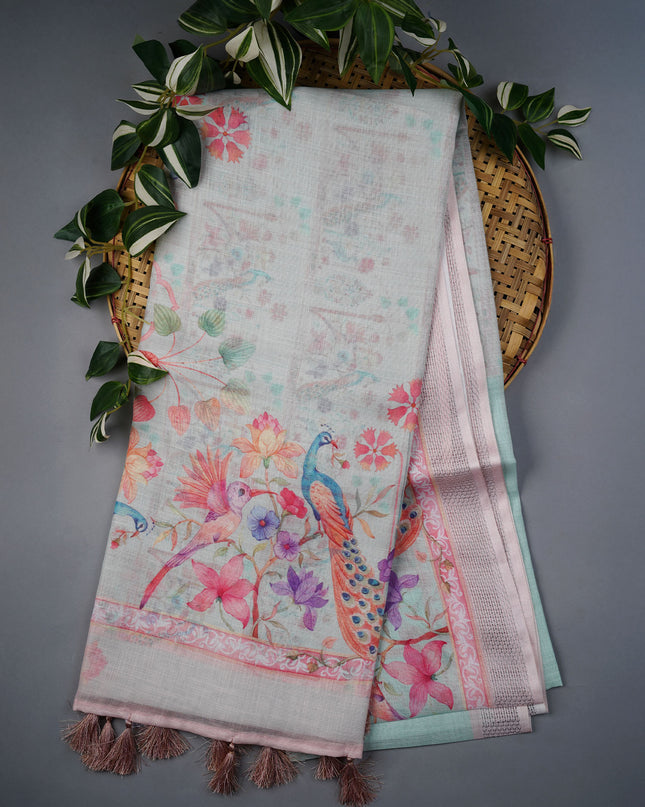 Linen Tissue Saree With Floral Print - Light Green