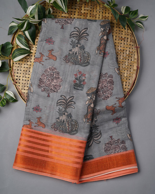 Muslin Silk With Kalamkari Print Contrast Border - Grey