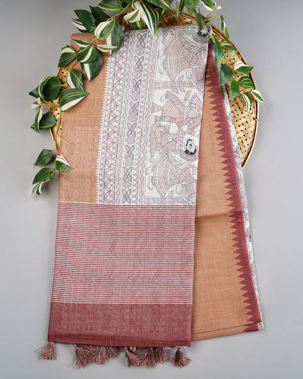 Lenin Silk Saree with Madhubani Print and Contrast Border- Mustard