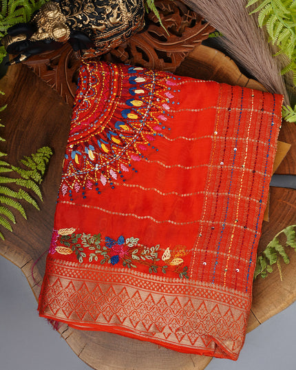 Wrinkle Crepe Saree with Thread Embroidery Work and Border- Orange