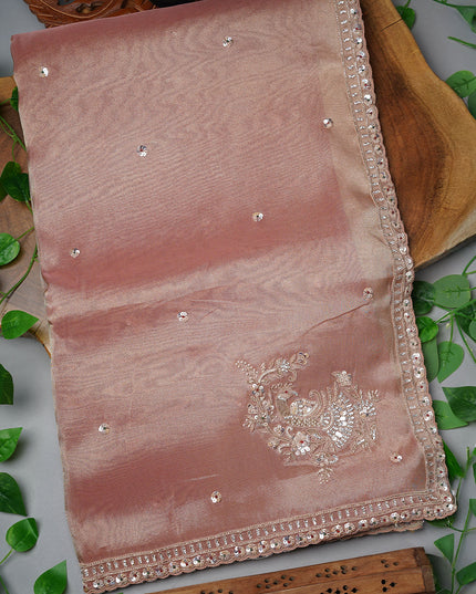Soft Tissue Organza Saree Sequence Butties and Scallop Border and Zardoji Work- Peach