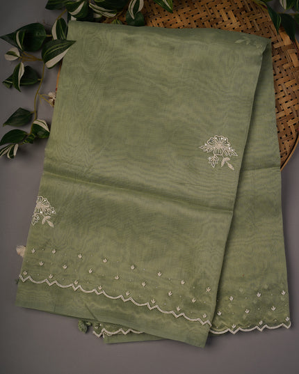 Jute Linen Tissue Pearl Work Buttis With Scallop Border - Green