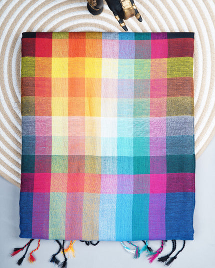 mulcotton saree with multicolored check pattern - Blue