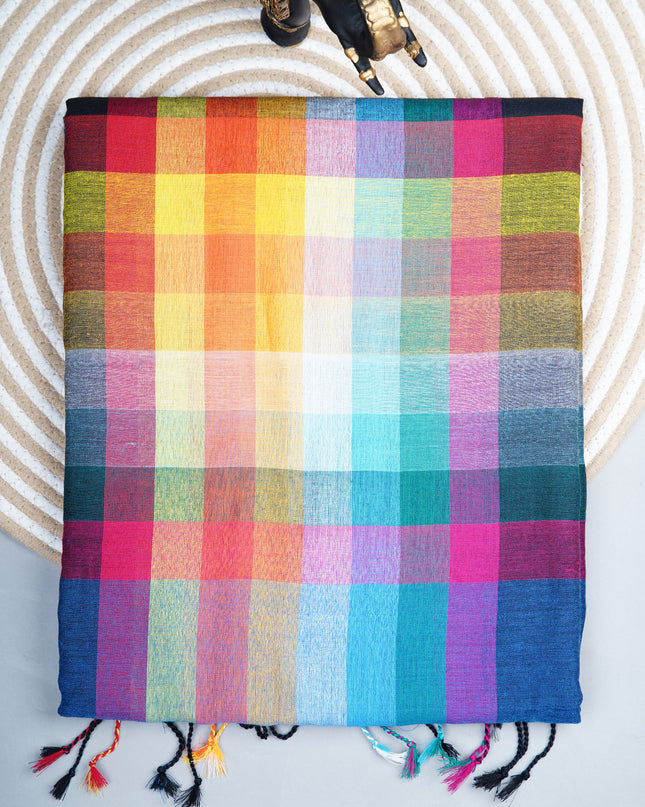 mulcotton saree with multicolored check pattern - Blue