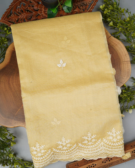 Tissue Linen Saree and Scallop Border and Peral Work -Tan