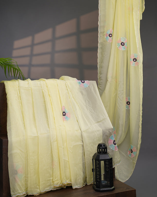 Russian Crape Saree Kardhana and Pearl Work & Scallop Border