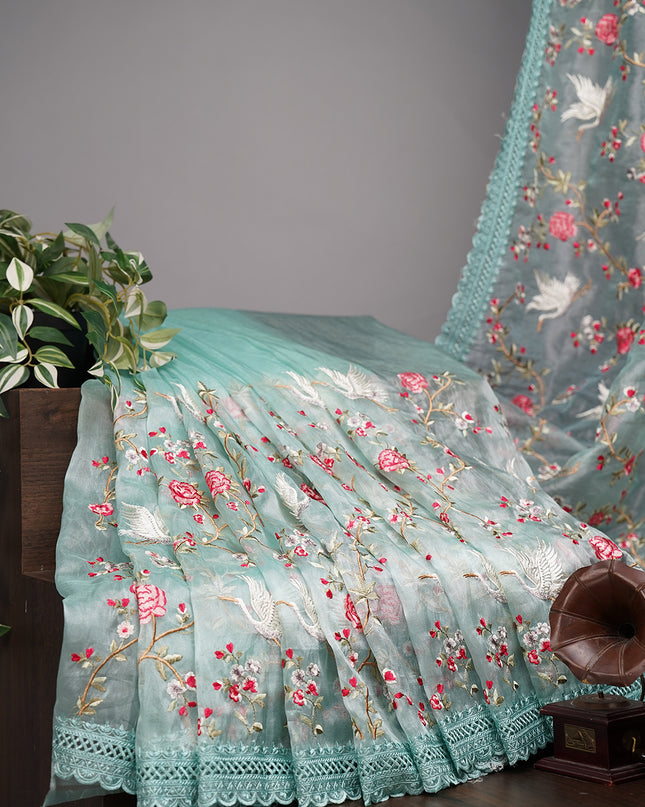 Soft Tissue Organza Silk with All Over Embroidery with Cut Work Border