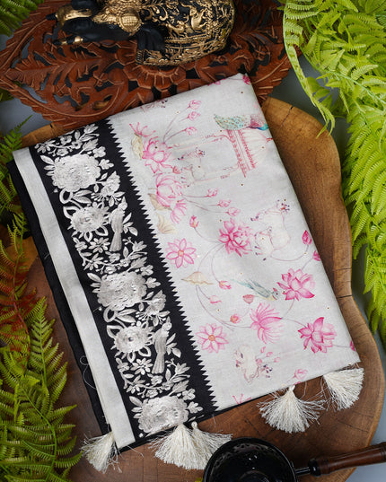 Tusser Silk saree with Parce Work Border - Black