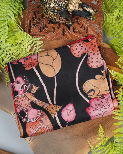 Binny crepe saree kalamkari print with golden border - Black