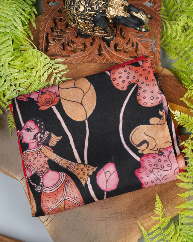 Binny crepe saree kalamkari print with golden border - Black