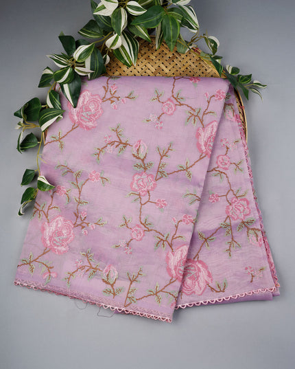 Tissue Lenin Saree with Thread Embroidery work and Lace Border- Lavender