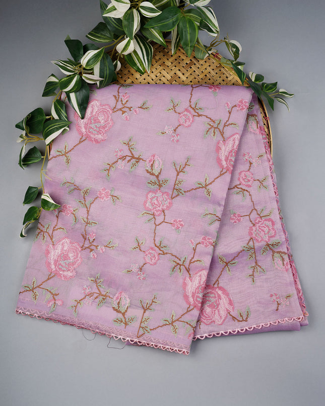 Tissue Lenin Saree with Thread Embroidery work and Lace Border- Lavender