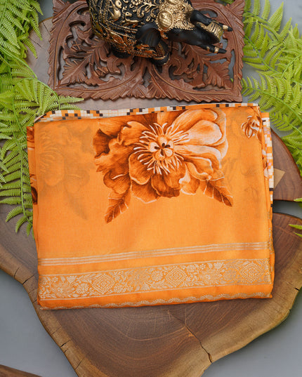 Binny Crepe Saree Floral Print With ikkat Border - Orange