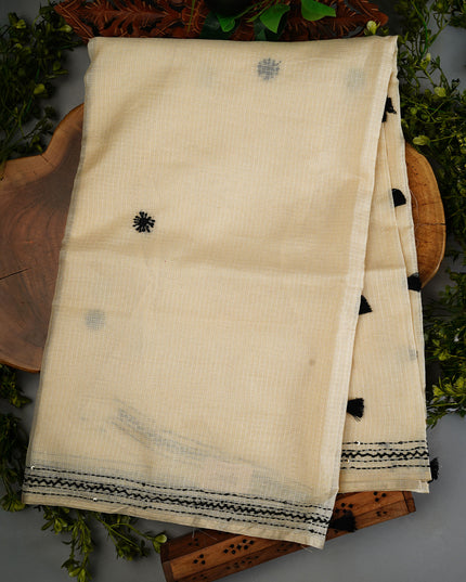 Kota Silk Saree with Kantha Work - Beige