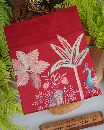 Tusser Silk With Digital Print Thread Border - Red