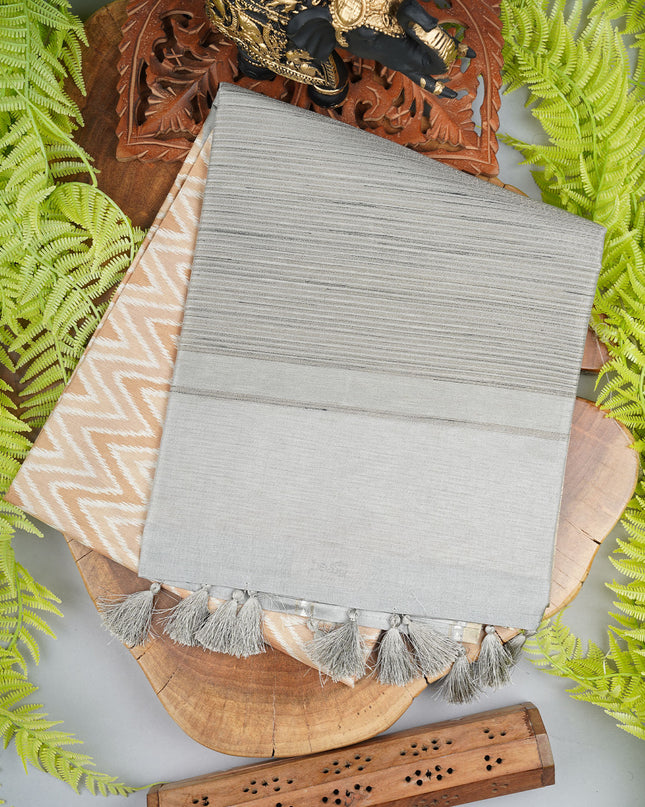 Tusser Silk Saree with Floral Print Border - Mustered