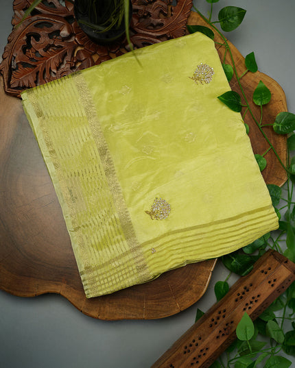 Russian Crepe Kardhana Sequence Work Butties Gold Stripes- Green