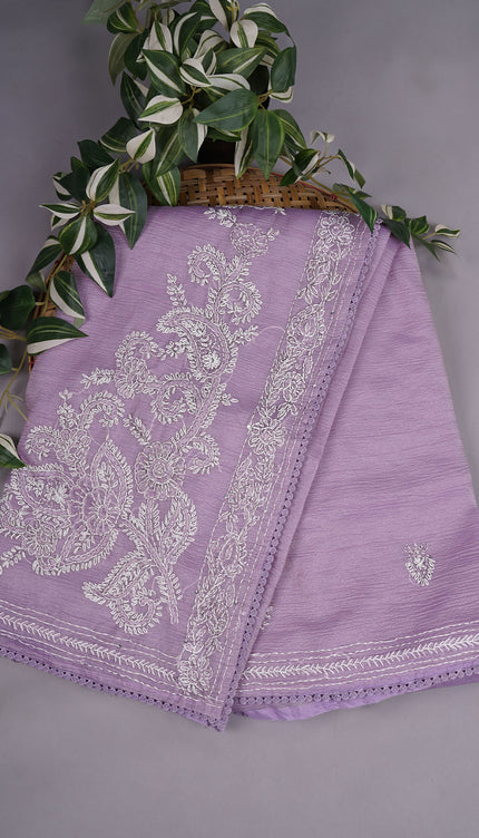 Crush Organza With Kantha Work & Lace Border - Lavender