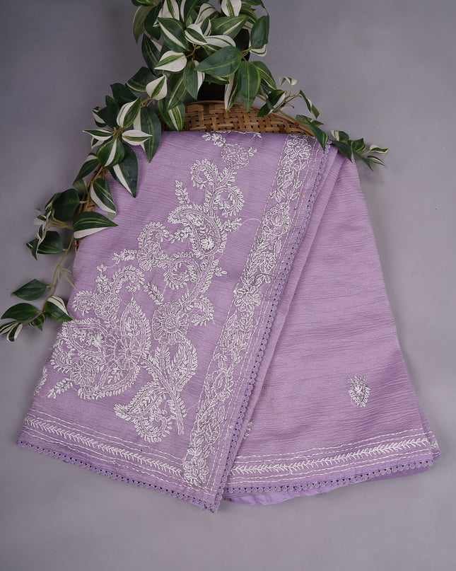 Crush Organza With Kantha Work & Lace Border - Lavender