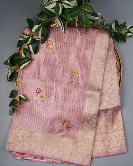 Tissue Banarasi Silk Saree With Meenakari Butties & Gold Zari Border - Baby Pink