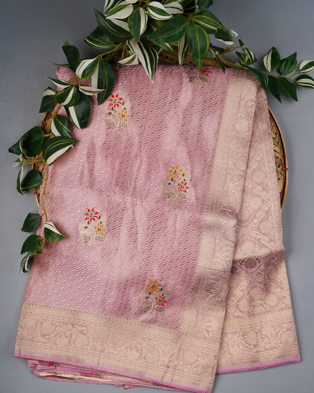 Tissue Banarasi Silk Saree With Meenakari Butties & Gold Zari Border - Baby Pink