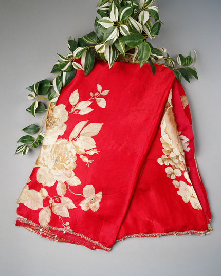Binny Crepe Saree  Floral Print Scallop Border Kardhana Sequence Work - Red