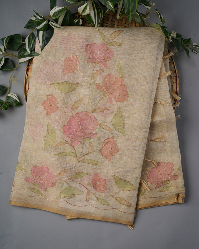 Tissue Linen Saree With Floral Print And Ari Work - Beige & Pink