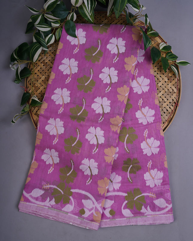 Lotus Cotton Saree With Floral Weaving Design - Onion Pink