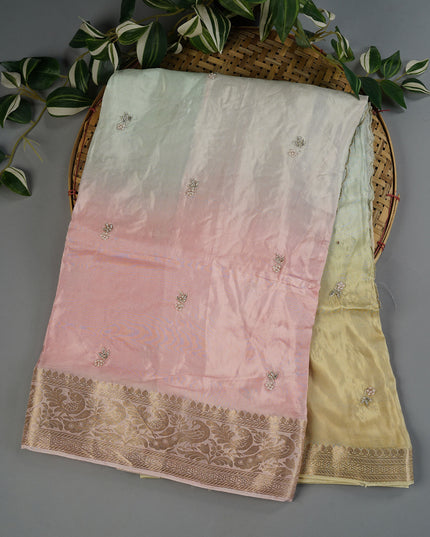 Russian Crape With Kardhana And Stone & Perarl Work Butties And Banaras Border - Peach & Blue